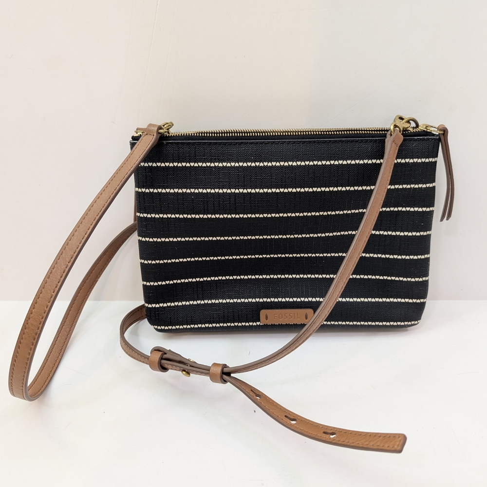 Fossil Devon Black With White Stripes Crossbody Shoulder Bag